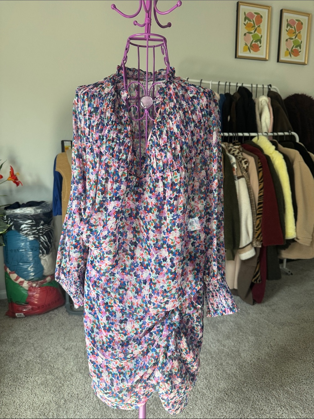 Veronica Beard Floral Long-Sleeve Ruffle Blouse & Skirt set in Pink, Blue,Purple